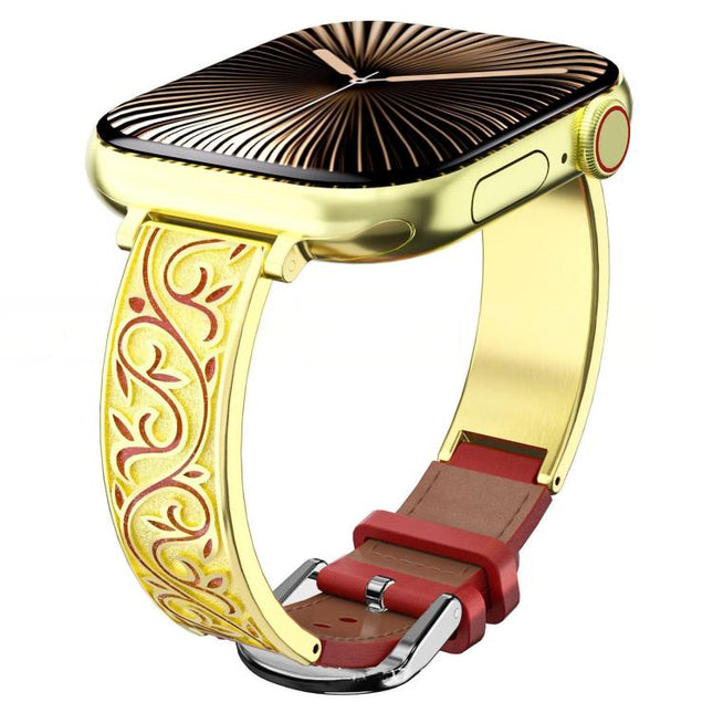 xDfind Retro Floral Carving Stainless Steel Hybrid Genuine Leather Watch Band, For Apple Watch 42 / 44 / 45 / 46 / 49mm, For Apple Watch 38 / 40 / 41 / S11 42mm - DealBuddy
