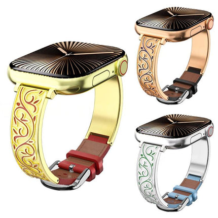 xDfind Retro Floral Carving Stainless Steel Hybrid Genuine Leather Watch Band, For Apple Watch 42 / 44 / 45 / 46 / 49mm, For Apple Watch 38 / 40 / 41 / S11 42mm - DealBuddy
