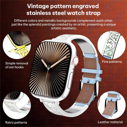 xDfind Retro Floral Carving Stainless Steel Hybrid Genuine Leather Watch Band, For Apple Watch 42 / 44 / 45 / 46 / 49mm, For Apple Watch 38 / 40 / 41 / S11 42mm - DealBuddy