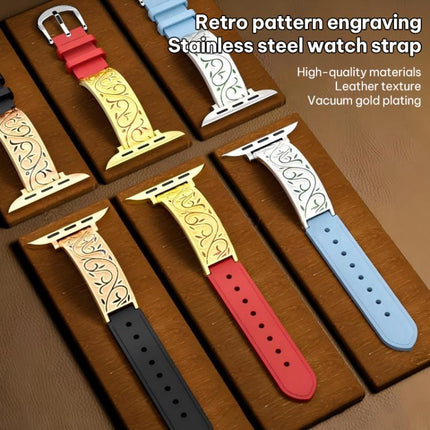 xDfind Retro Floral Carving Stainless Steel Hybrid Genuine Leather Watch Band, For Apple Watch 42 / 44 / 45 / 46 / 49mm, For Apple Watch 38 / 40 / 41 / S11 42mm - DealBuddy
