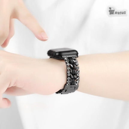 Diamond Vegan Leather Metal Watch Band, For Apple Watch 46mm / 49mm / 45mm / 44mm, For Apple Watch 42mm / 41mm / 40mm / 38mm - DealBuddy