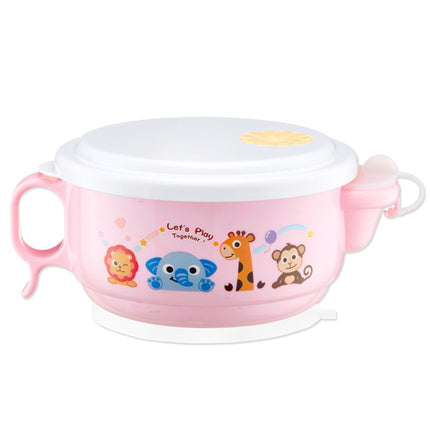 450ml Stainless Steel Interior And Plastic Exterior Double Layer Cartoon Style Bowl With Cover And Handles for Child At Age 2 to 9