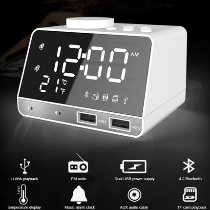K11 Bluetooth Alarm Clock Speaker Creative Digital Music Clock Display Radio with Dual USB Interface, Support U Disk / TF Card / FM / AUX, EU Plug