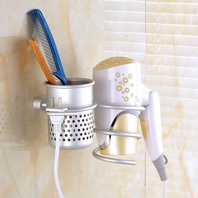 Hair Dryer Holder Wall Mount Hanging Rack Organizer Hook Spiral Bathroom Bracket, With Mesh Holder - DealBuddy