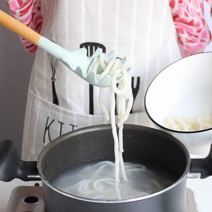 kn082 9 in 1 Wooden Handle Silicone Kitchen Tool Set with Storage Bucket