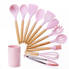 kn082 11 in 1 Wooden Handle Silicone Kitchen Tool Set with Storage Bucket, Green, Black, Pink - DealBuddy