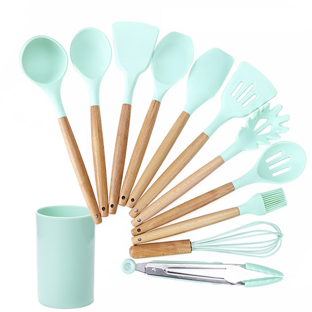 kn082 11 in 1 Wooden Handle Silicone Kitchen Tool Set with Storage Bucket, Green, Black, Pink - DealBuddy