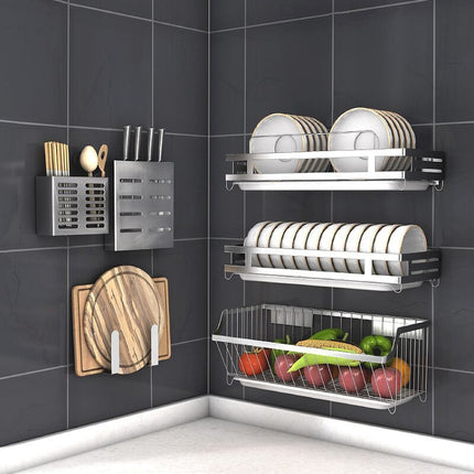 304 Stainless Steel Wall-mounted Kitchen Rack Hanging Knife Holder Double Cage Chopsticks Canister