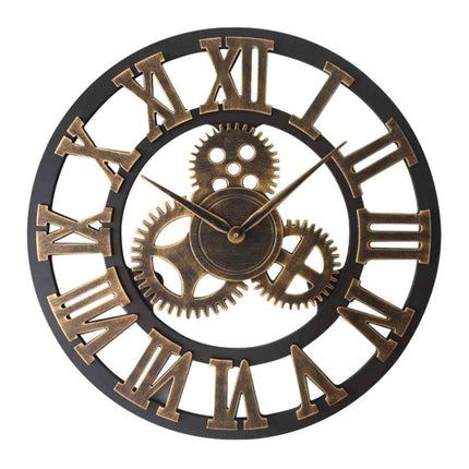 Retro Wooden Round Single-sided Gear Clock Rome Number Wall Clock, Diameter: 30cm