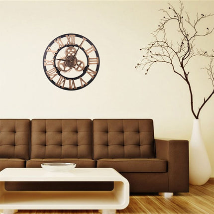 Retro Wooden Round Single-sided Gear Clock Rome Number Wall Clock, Diameter: 40cm