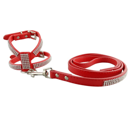 Rhinestone PU Soft Breathable Dog Harness Pet Vest Dog Chest Strap Leash Dog Collar, Size: M - DealBuddy
