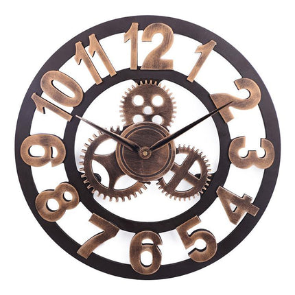 Retro Wooden Round Single-sided Gear Clock Arabic Number Wall Clock, Diameter: 35cm