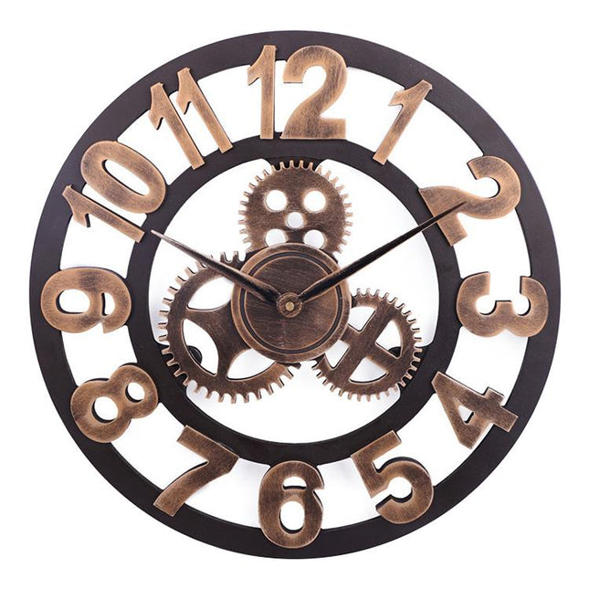 Retro Wooden Round Single-sided Gear Clock Arabic Number Wall Clock, Diameter: 35cm