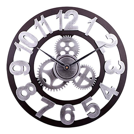 Retro Wooden Round Single-sided Gear Clock Arabic Number Wall Clock, Diameter: 35cm