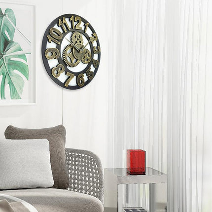 Retro Wooden Round Single-sided Gear Clock Arabic Number Wall Clock, Diameter: 35cm