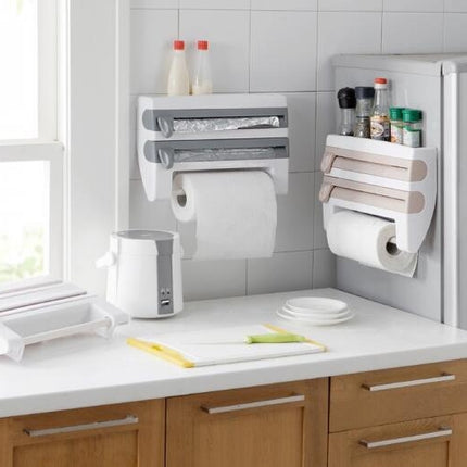 Kitchen Wall Mounted Cling Film Holder Wrap Storage Rack Hanger Rack Cutting Device, Size: 39 x 10 x 24cm, Grey - DealBuddy