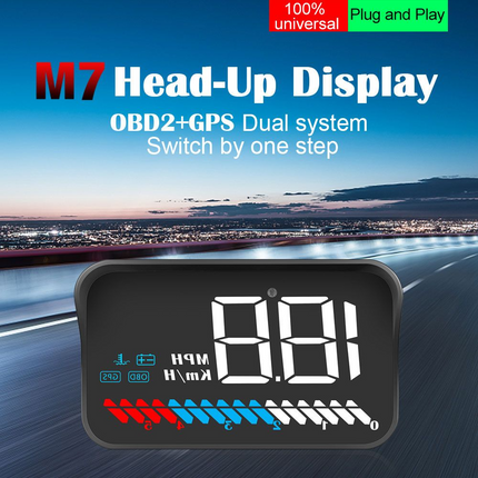 M7 OBD2 HUD – HD White Head-Up Display, Speed + RPM + Temp + Multi-Mode Driving View
