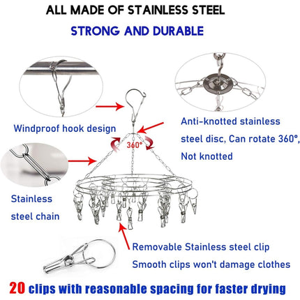 Round Stainless Steel Clothes Clip Hanger with 20 Clips