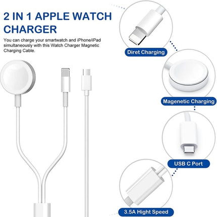 For Apple Watch Series & iPhone 2 in 1 USB Magnetic Charging Cable 1.2m
