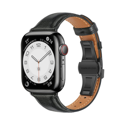 Plain Leather Butterfly Buckle Watch Band, For Apple Watch SE 2023 44mm, For Apple Watch SE 2023 40mm, For Apple Watch Ultra 2 49mm, For Apple Watch Series 9 45mm - DealBuddy