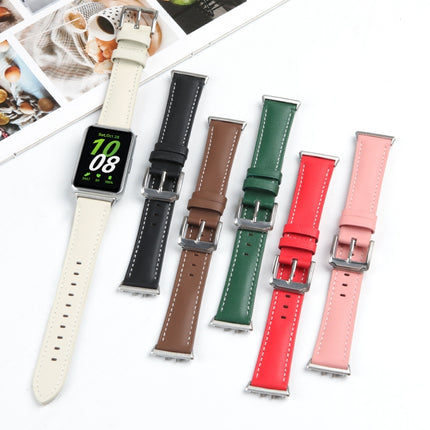 For Samsung Galaxy Watch Fit 3 Leather Sewing Thread Pin Buckle Watch Band, Beige, Pink, Red, Green, Brown, Black - DealBuddy