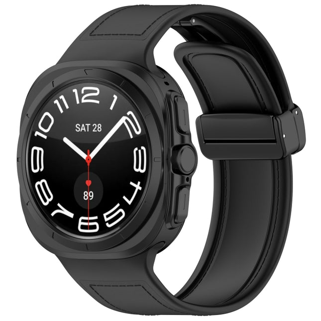 For Samsung Galaxy Watch Ultra 47mm Magnetic Folding Buckle Silicone Leather Watch Band, Black, Gray, Orange, Green, Light Brown, Dark Blue - DealBuddy