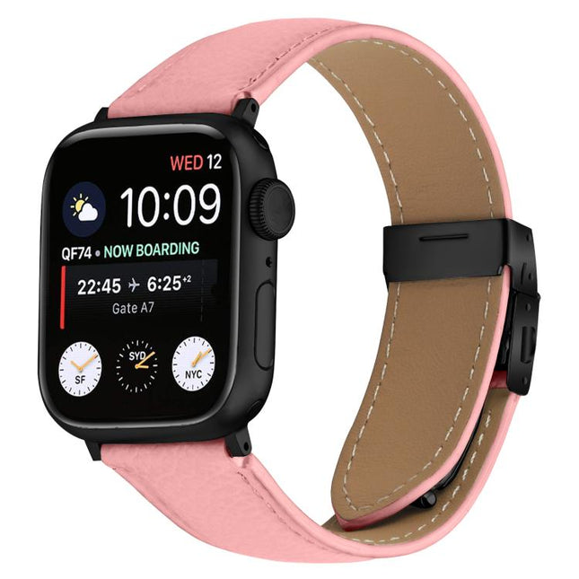 Lychee Texture Black Turtle Back Buckle Leather Watch Band