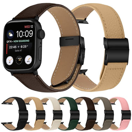 Lychee Texture Black Turtle Back Buckle Leather Watch Band, For Apple Watch 46mm / 49mm / 45mm / 44mm, For Apple Watch 42mm / 41mm / 40mm / 38mm - DealBuddy