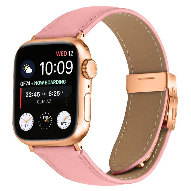 Lychee Texture Rose Gold Turtle Back Buckle Leather Watch Band