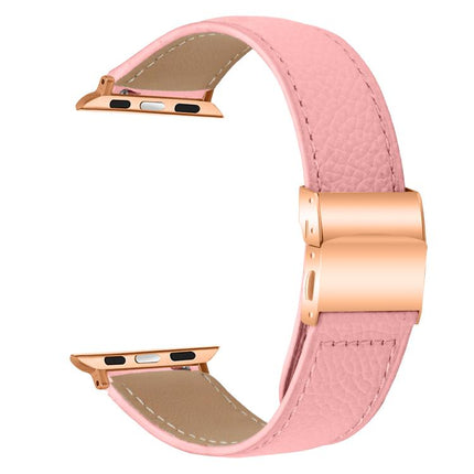 Lychee Texture Rose Gold Turtle Back Buckle Leather Watch Band