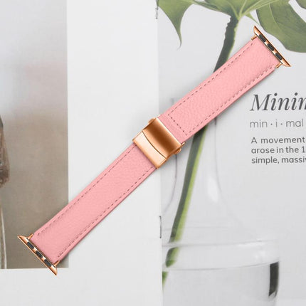 Lychee Texture Rose Gold Turtle Back Buckle Leather Watch Band