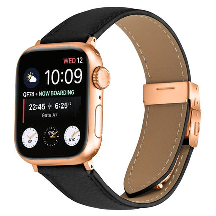 Lychee Texture Rose Gold Turtle Back Buckle Leather Watch Band