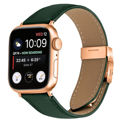 Lychee Texture Rose Gold Turtle Back Buckle Leather Watch Band