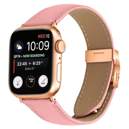 Lychee Texture Rose Gold Turtle Back Buckle Leather Watch Band, For Apple Watch 46mm / 49mm / 45mm / 44mm, For Apple Watch 42mm / 41mm / 40mm / 38mm - DealBuddy