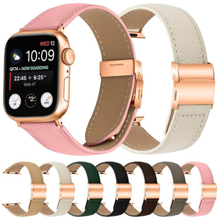 Lychee Texture Rose Gold Turtle Back Buckle Leather Watch Band