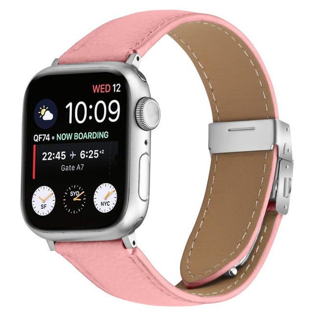 Lychee Texture Silver Turtle Back Buckle Leather Watch Band