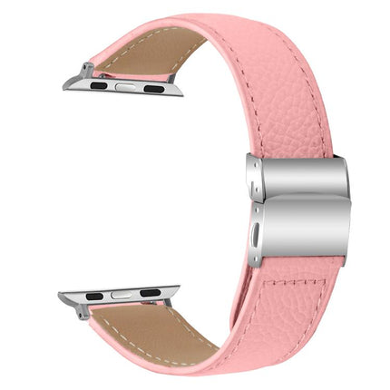 Lychee Texture Silver Turtle Back Buckle Leather Watch Band