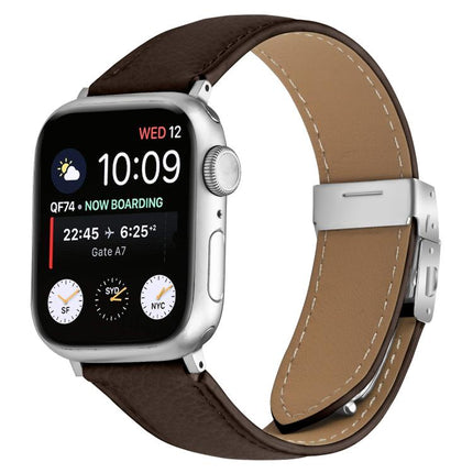 Lychee Texture Silver Turtle Back Buckle Leather Watch Band