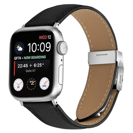Lychee Texture Silver Turtle Back Buckle Leather Watch Band
