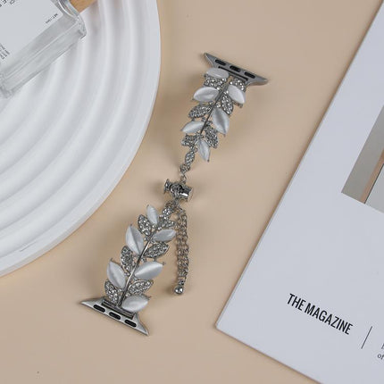 Leaf Shaped Diamond Studded Bracelet Alloy Watch Band, For Apple Watch 46mm / 49mm / 45mm / 44mm, For Apple Watch 42mm / 41mm / 40mm / 38mm - DealBuddy