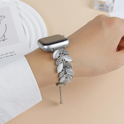 Leaf Shaped Diamond Studded Bracelet Alloy Watch Band, For Apple Watch 46mm / 49mm / 45mm / 44mm, For Apple Watch 42mm / 41mm / 40mm / 38mm - DealBuddy