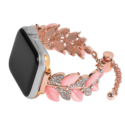 Leaf Shaped Diamond Studded Bracelet Alloy Watch Band, For Apple Watch 46mm / 49mm / 45mm / 44mm, For Apple Watch 42mm / 41mm / 40mm / 38mm - DealBuddy