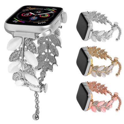 Leaf Shaped Diamond Studded Bracelet Alloy Watch Band, For Apple Watch 46mm / 49mm / 45mm / 44mm, For Apple Watch 42mm / 41mm / 40mm / 38mm - DealBuddy