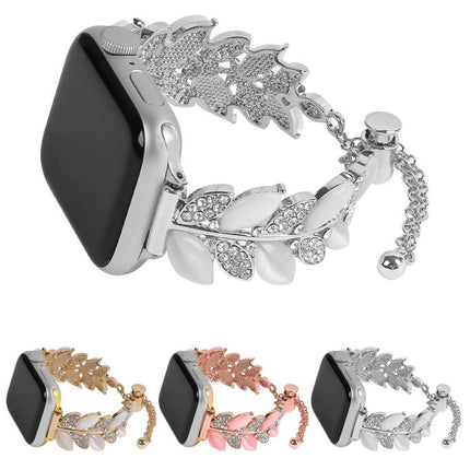 Leaf Shaped Diamond Studded Bracelet Alloy Watch Band, For Apple Watch 46mm / 49mm / 45mm / 44mm, For Apple Watch 42mm / 41mm / 40mm / 38mm - DealBuddy