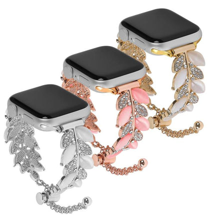Leaf Shaped Diamond Studded Bracelet Alloy Watch Band, For Apple Watch 46mm / 49mm / 45mm / 44mm, For Apple Watch 42mm / 41mm / 40mm / 38mm - DealBuddy