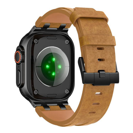 Crazy Horse Vegan Leather Stainless Steel Black Buckle Watch Band, For Apple Watch 46mm / 49mm / 45mm / 44mm - DealBuddy
