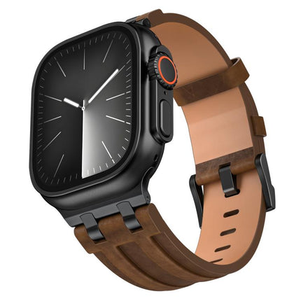 Crazy Horse Vegan Leather Stainless Steel Black Buckle Watch Band, For Apple Watch 46mm / 49mm / 45mm / 44mm - DealBuddy