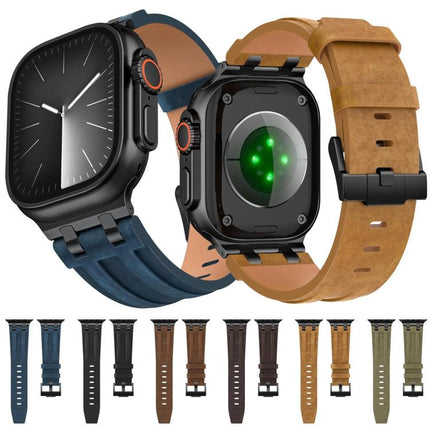 Crazy Horse Vegan Leather Stainless Steel Black Buckle Watch Band, For Apple Watch 46mm / 49mm / 45mm / 44mm - DealBuddy