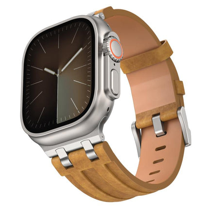 Crazy Horse Vegan Leather Stainless Steel Silver Buckle Watch Band, For Apple Watch 46mm / 49mm / 45mm / 44mm - DealBuddy