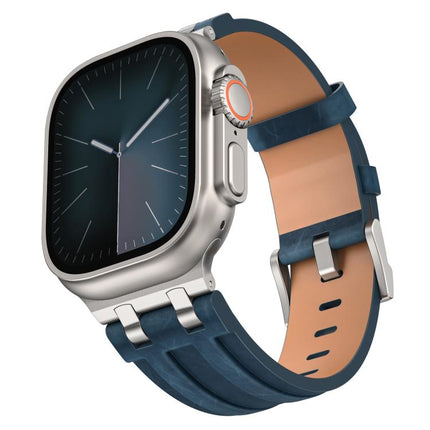 Crazy Horse Vegan Leather Stainless Steel Silver Buckle Watch Band, For Apple Watch 46mm / 49mm / 45mm / 44mm - DealBuddy